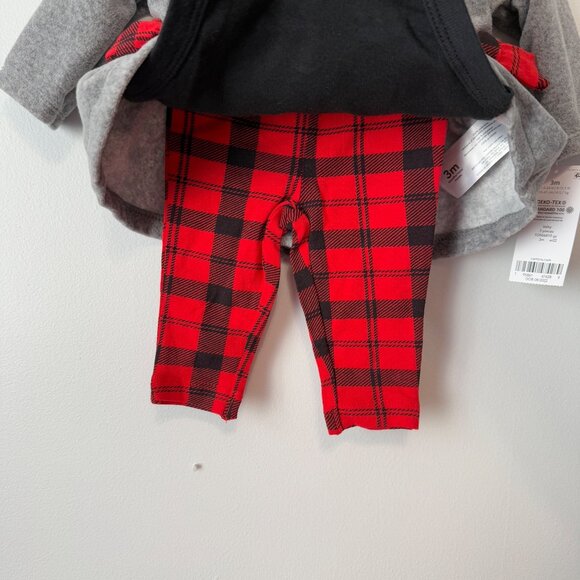 NWT 3-Piece Set Grey Fleece Top Red Plaid Leggings & Black Bodysuit 3M Carters - Picture 3 of 6